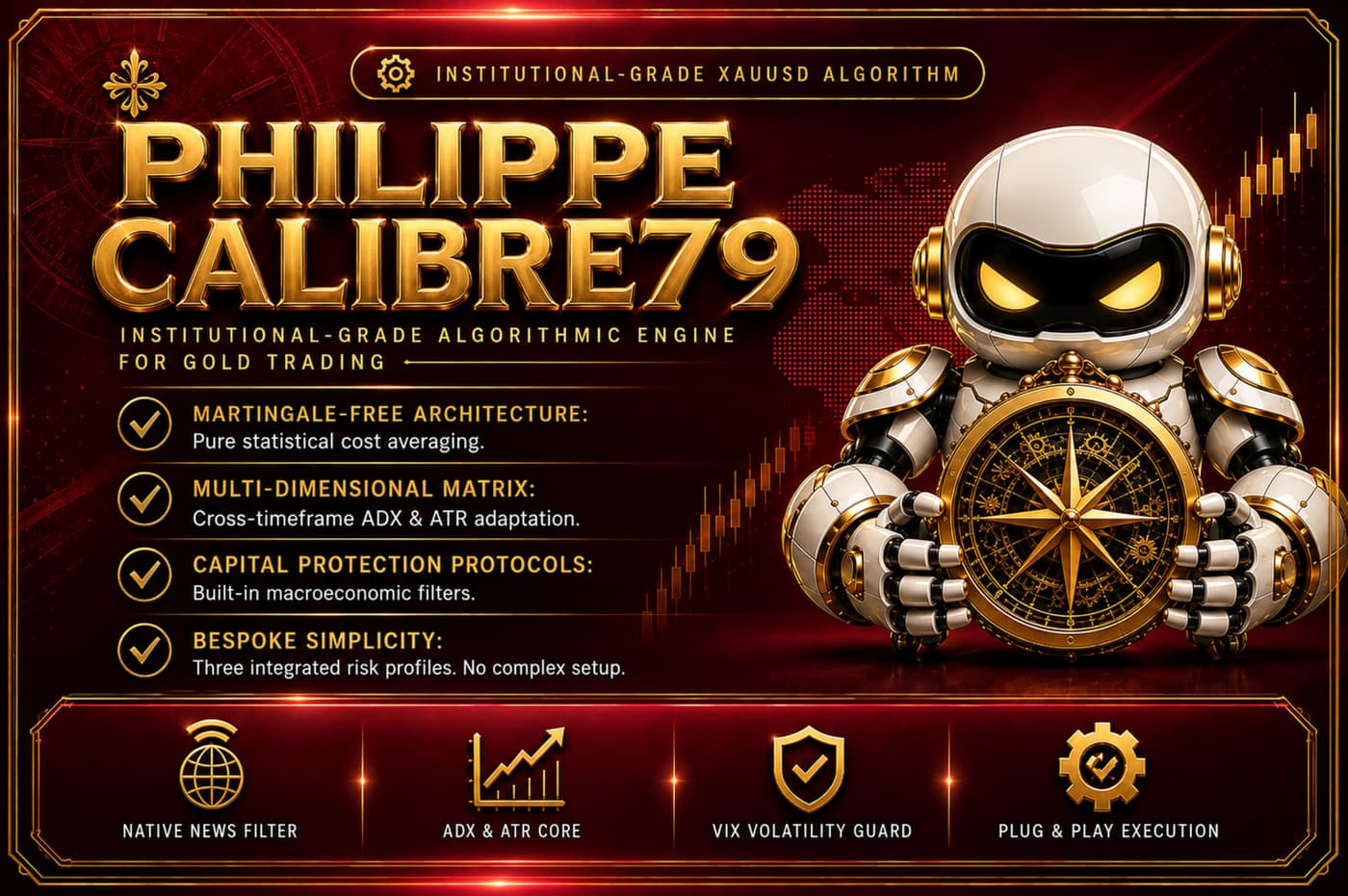 Philippe Calibre 79 — institutional-grade algorithmic engine for gold trading: martingale-free architecture, cross-timeframe ADX and ATR matrix, capital protection protocols, three integrated risk profiles
