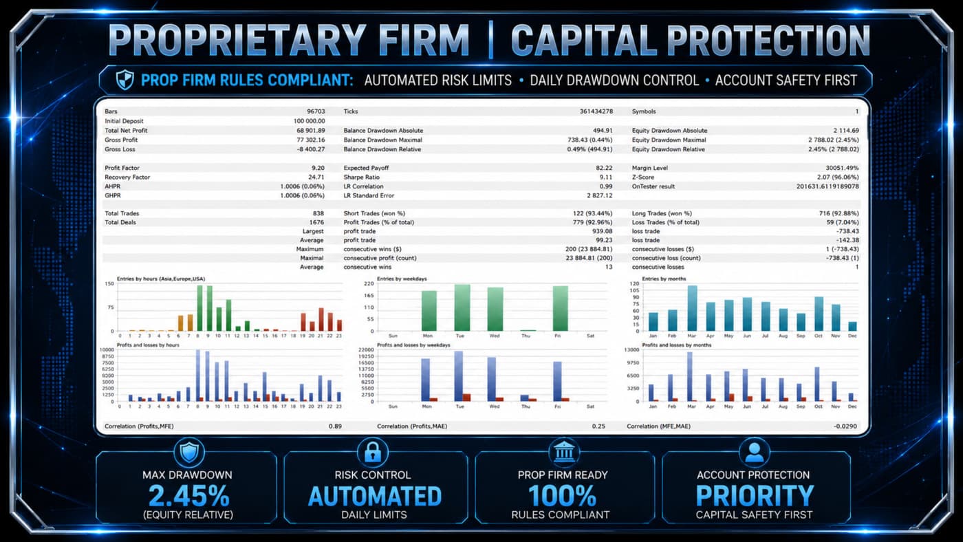 Philippe Calibre 79 prop firm capital protection MT5 backtest on $100,000: 2.45% relative equity drawdown, automated daily limits