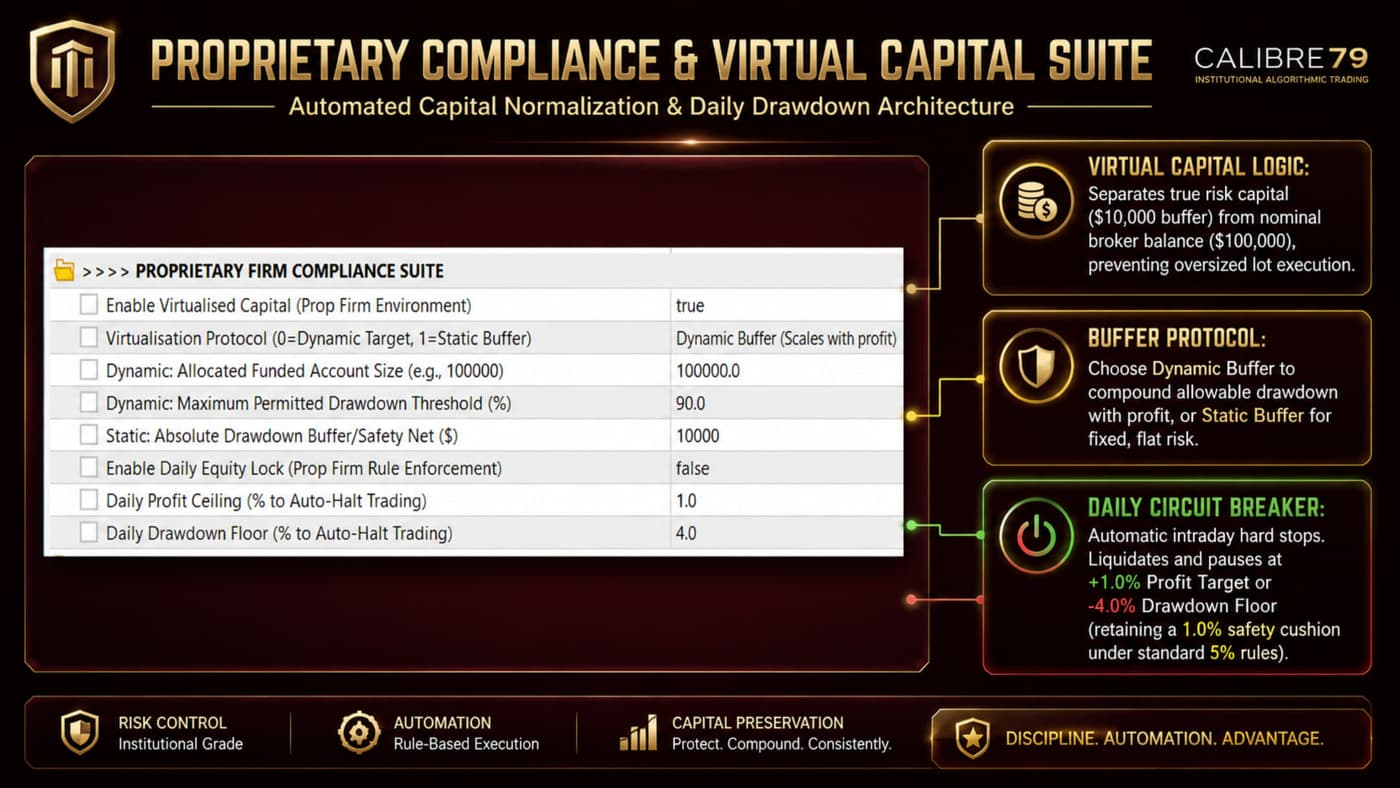 Philippe Calibre 79 Proprietary Compliance & Virtual Capital Suite: virtualised capital, dynamic or static drawdown buffer, daily profit ceiling and daily drawdown floor inputs