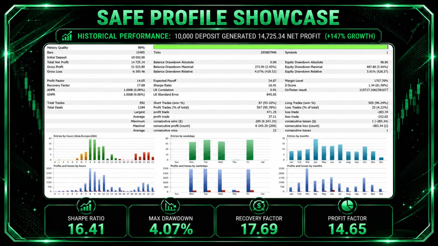 Philippe Calibre 79 Safe profile MT5 backtest: $10,000 deposit generated $14,725.34 net profit (+147%)